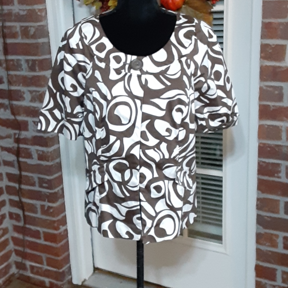 Lane Bryant brown white print short jacket stretch one button size 14 EUC